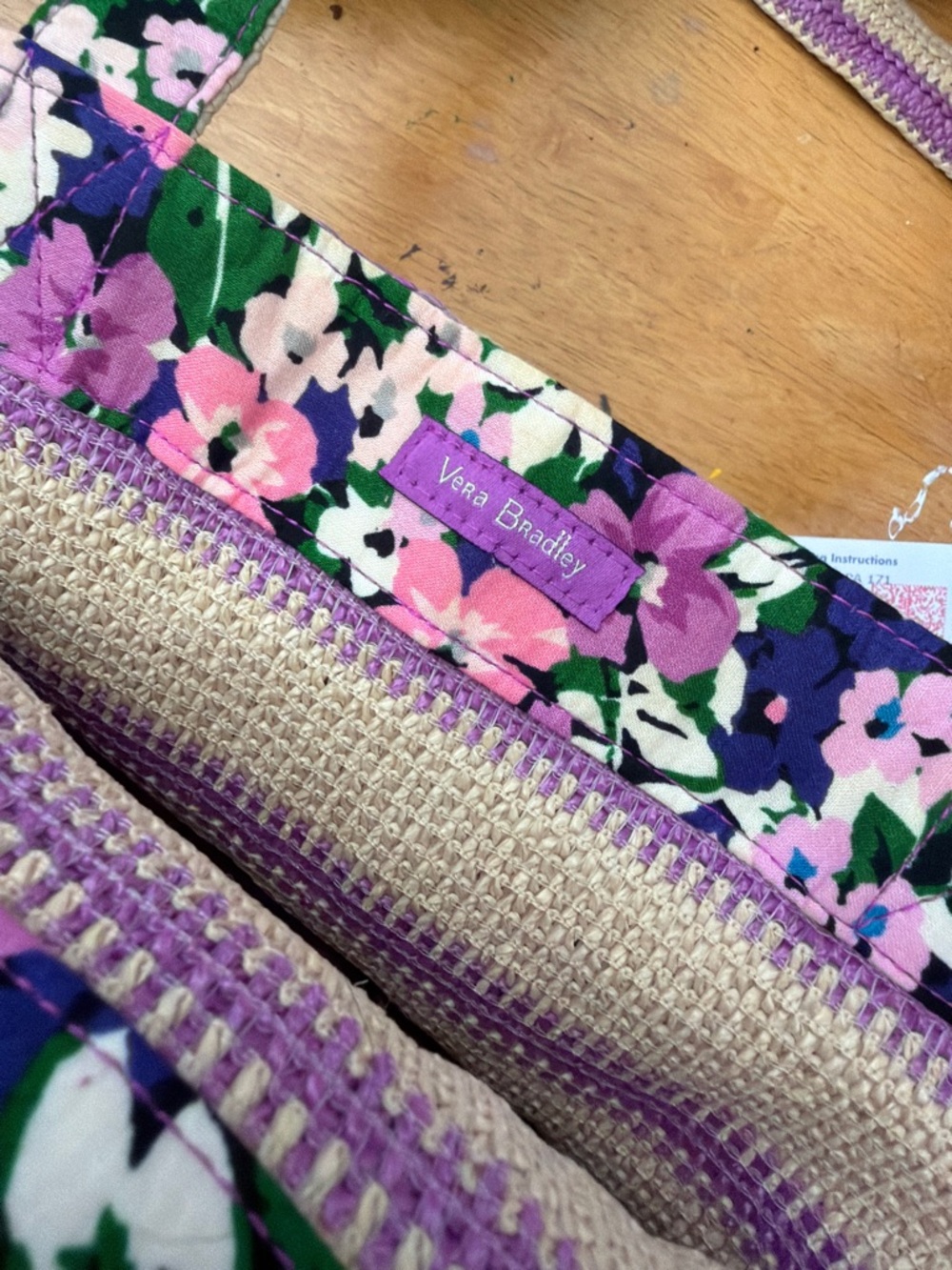 Vera Bradley Tan and Purple Striped Floral Crab Tote - Picture 3 of 3